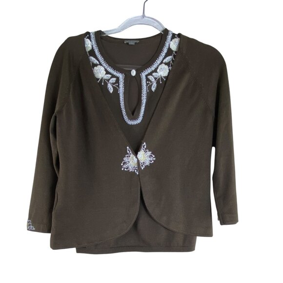 Ann Taylor Sweaters - Ann Taylor Brown Beaded Cardigan & Tank Top Set Medium Boho Classic Cute Stretch
